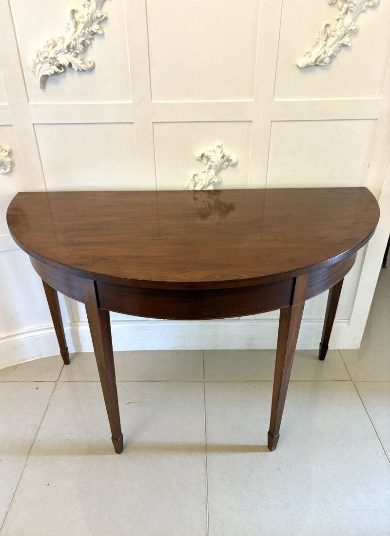 Large Pair of Antique George III Quality Figured Mahogany Demi Lune Shaped Console Tables - Image 3